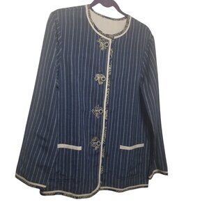 Women's Linen Blend Reversable Blue Stripe Artsy Coastal Blazer Sz M